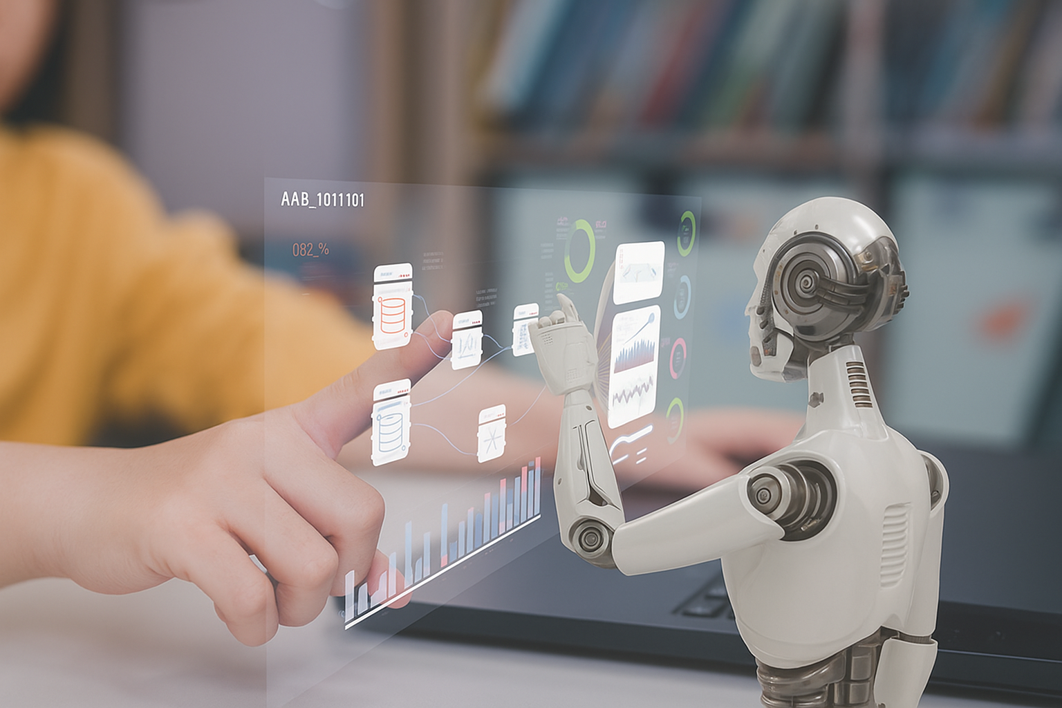 Robot humanoide y una persona colaboran a través de una pantalla holográfica con gráficos y datos digitales, representando la innovación en automatización de procesos, desarrollo de aplicaciones móviles, sitios web y soluciones web avanzadas