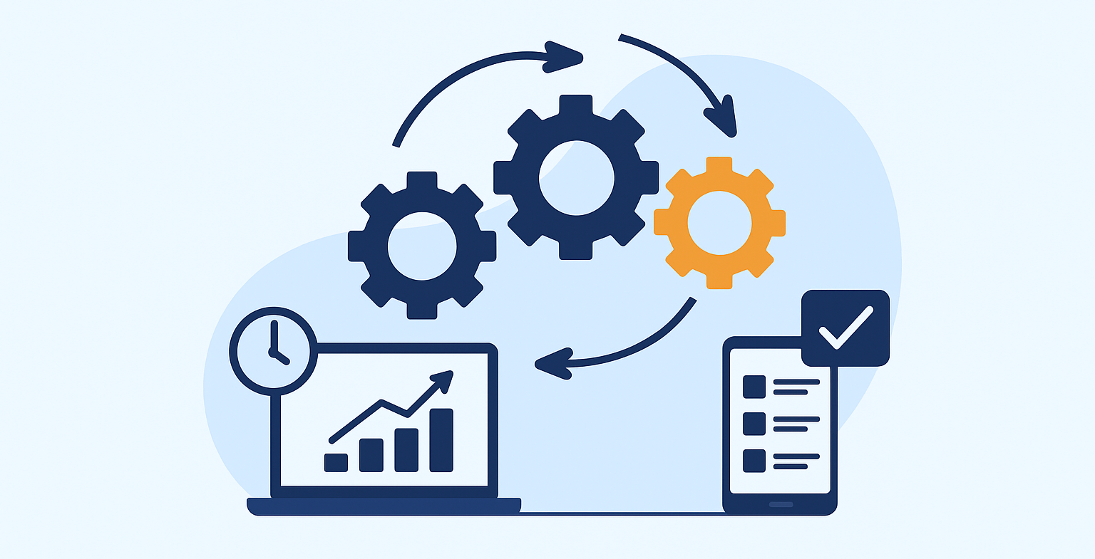 engranajes conectados con flechas, un celular y una computadora portátil mostrando gráficos, simbolizando automatización empresarial para pymes, emprendedores y negocios locales, eficiencia y ahorro de tiempo.