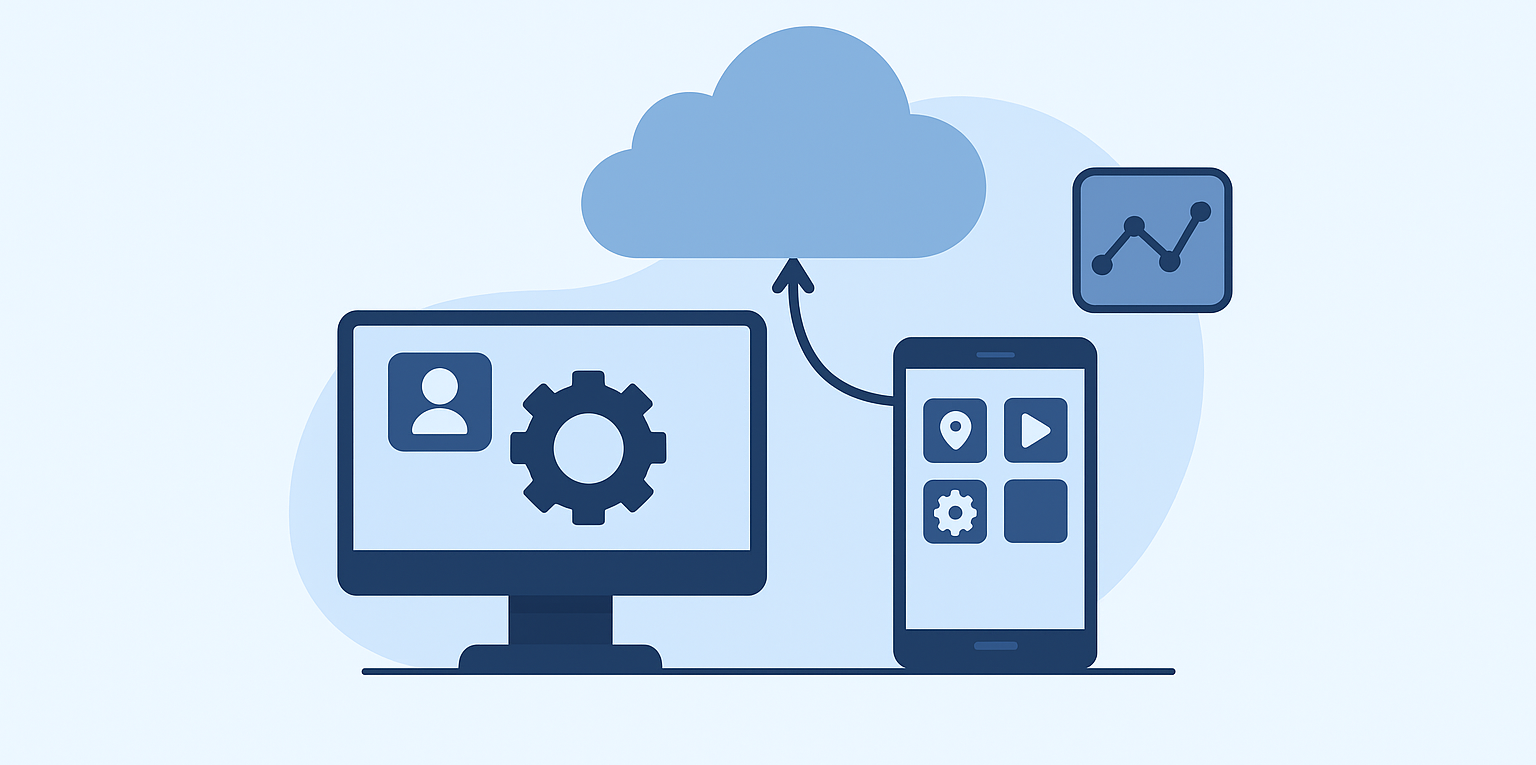 computadora, smartphone y nube conectados con íconos de aplicaciones y datos, representando soluciones personalizadas de desarrollo de sistemas a medida: aplicacion web y movil, software para windows, linux y mac